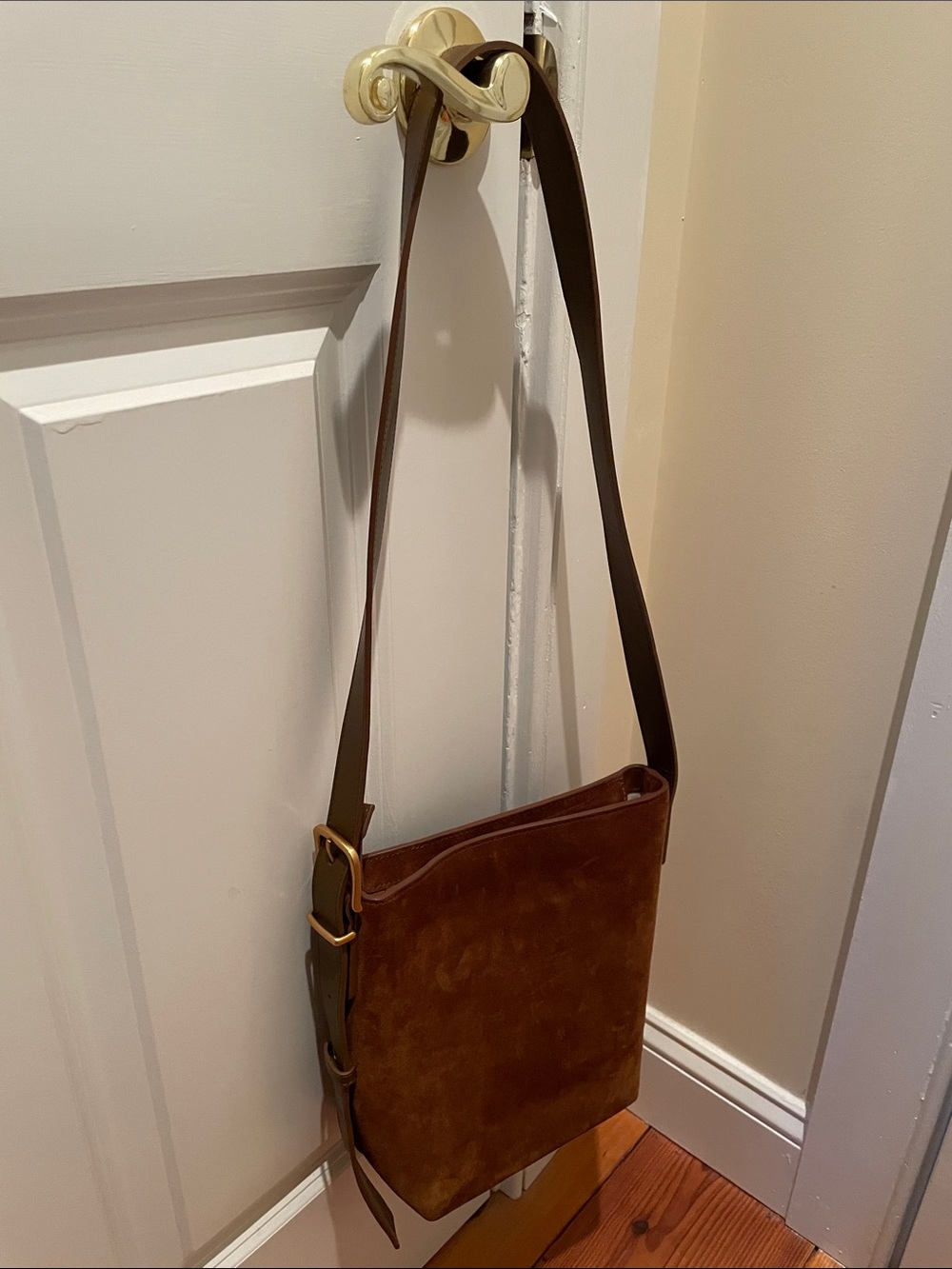 Quince Italian Suede Crossbody Bucket Bag in Whiskey Brown - Picture 3 of 14